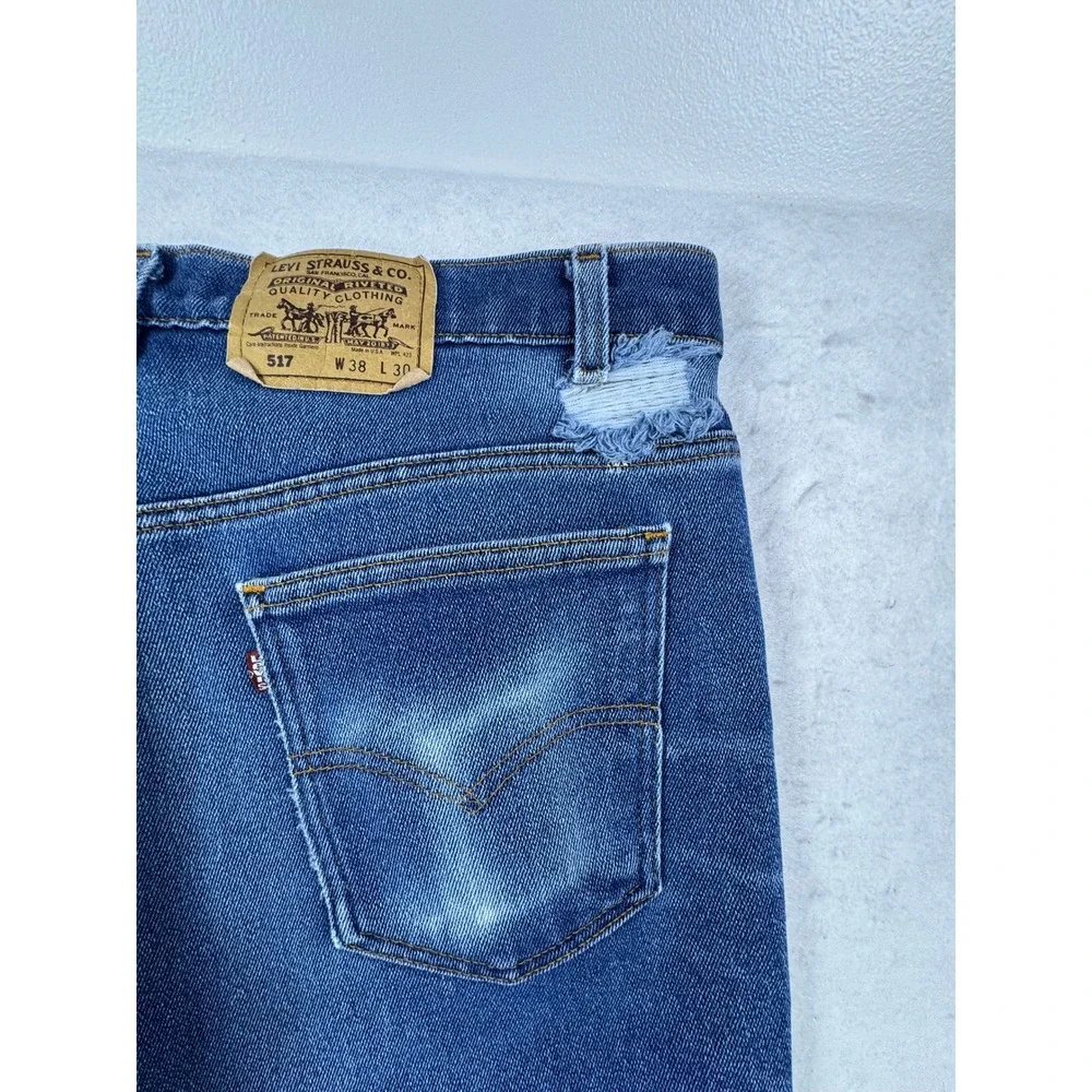 Vintage Levis 517 Orange Tab Jeans Mens 38x30 Blue Bootcut USA Made Distressed